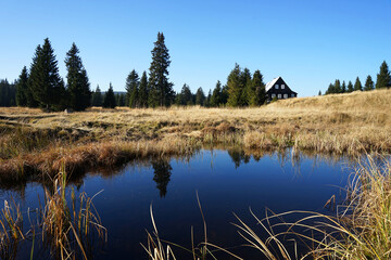 Jizerka historic village with traditional wooden huts in pure mountain nature, popular tourist destination, Jizera Mountains, Czech Republic