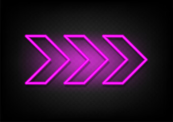 Pink neon glowing arrow. Shining retro bright arrow fluorescent on transparency with shadow background vector. Neon line in graphic style panel.
