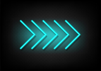 Sky blue neon glowing arrow. Shining retro bright arrow fluorescent on transparency with shadow background vector. Neon line in graphic style panel.