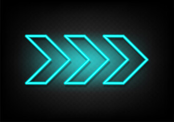 Sky blue neon glowing arrow. Shining retro bright arrow fluorescent on transparency with shadow background vector. Neon line in graphic style panel.