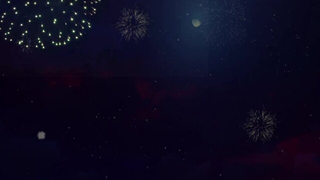 Colorful Fireworks Exploding in Night Sky Loop Animation Background. Celebration, event, Happy Birthday, Wedding, Anniversary, New Year, Confetti, Diwali, Christmas, Festival Holiday Greeting