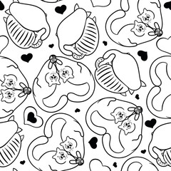 Vector seamless pattern with hand draw textured cats in graphic doodle style, kittens hug, in the shape of a heart. Black and white endless background