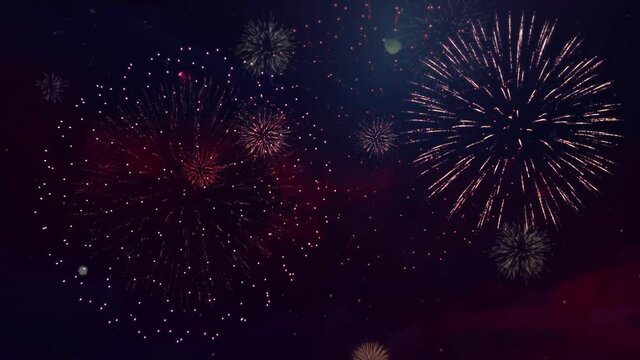 4K Fireworks Display celebration, Colorful New Year Loop Firework Explosion Loop Motion Background. Happy Birthday, Wedding, Anniversary, Confetti, Diwali, Christmas, Festival, Holiday, Carnival.