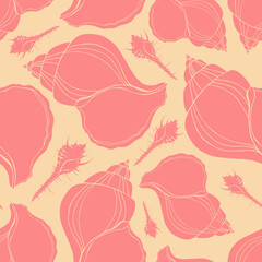 Trendy flat silhouette sea shells seamless pattern for fabric, textile, apparel, cloth, interior, stationery, package. Modern handmade aquatic endless texture. Tropical ocean shells editable design