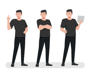 Man character poses, talking presentation