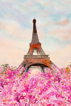 Paris france eiffel tower and cherry blossom in spring season.