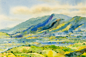 Obraz na płótnie Canvas Watercolor landscape painting panorama of mountain natural beauty.