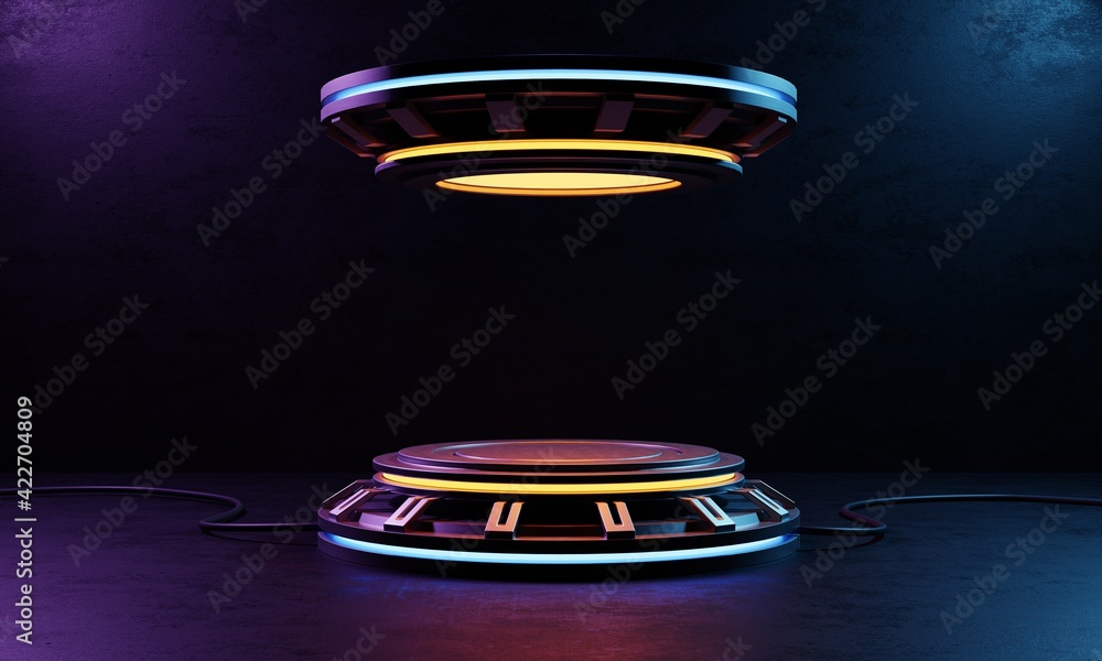 Poster cyberpunk product podium platform studio with blue yellow and violet spotlight on grunge style textu