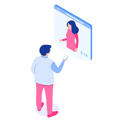 Man communicates via video link with a girl using a smartphone. Online communication concept. 3D vector illustration in isometric style. Isolated on white background