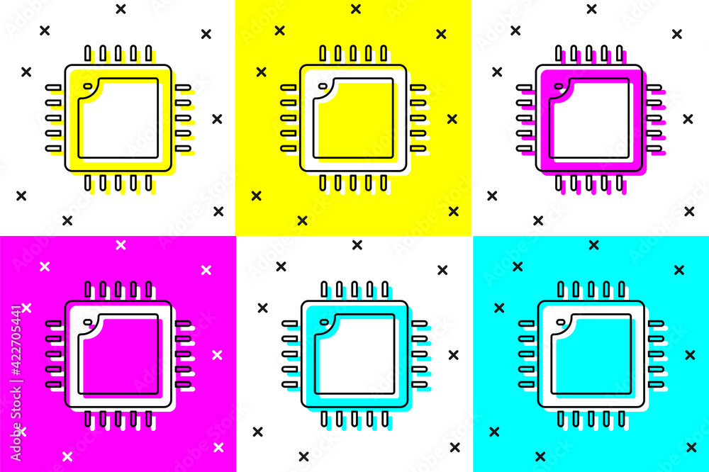 Poster set computer processor with microcircuits cpu icon isolated on color background. chip or cpu with ci