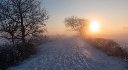 Schneelandschaft - Winter im Teufelsmoor bei Sonnenaufgang 