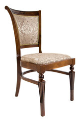 Photo of a wooden chair with upholstery on a white background