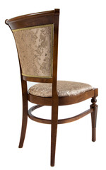 Photo of a wooden chair with upholstery on a white background