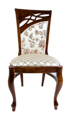 Photo of a wooden chair with upholstery on a white background
