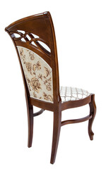 Photo of a wooden chair with upholstery on a white background