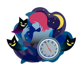 不眠症　女性　悪魔　寝られない　人物　ベクター