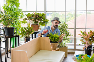 An elderly man handsome with have mustache wearing glasses is happy with tree care. is a hobby of gardening at home, living happily after retirement. Concepts nature and environment