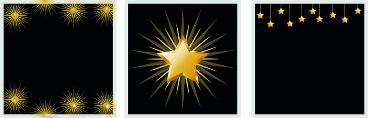 Obraz premium vector set of postcards in black. flat image of a set of postcards with black background and gold stars