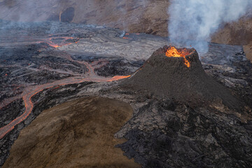 Fissure eruption in the Geldingadalur valley on Mount Fagradalsfjall near the town of Grindavik on the Reykjanes peninsula in southwest Iceland. 