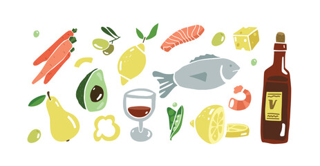 Mediterranean kitchen set. Adriatic food and cuisine. Healthy mediterranean diet. Long life diet. Vector collection.