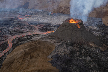 Fissure eruption in the Geldingadalur valley on Mount Fagradalsfjall near the town of Grindavik on...