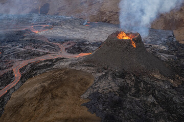 Fissure eruption in the Geldingadalur valley on Mount Fagradalsfjall near the town of Grindavik on the Reykjanes peninsula in southwest Iceland. 