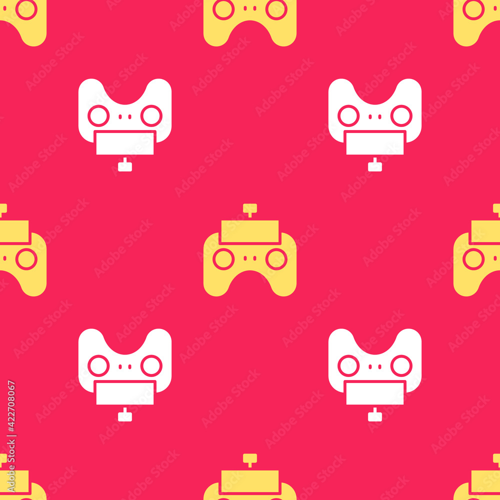Poster yellow remote control icon isolated seamless pattern on red background. vector