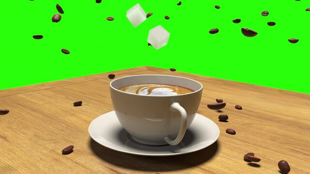 Animation of flying around a cup of coffee and beans frozen in air on a green background.
Good for keinsh and movie effects. 
