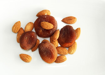 Dry fruits and almonds, top view, apricots dried naturally