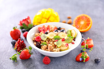 bowl of cereal, yogurt and fruits