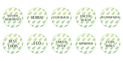 Set of vector eco stickers and banners for sites in a light green colors isolated on a white background. Eco stamp.