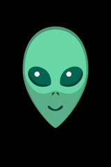 Alien green head with big dark eyes. Isolated on black background. Vector illustration