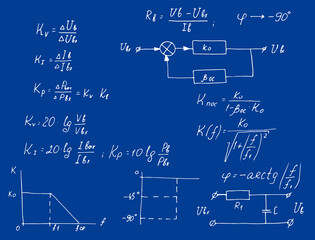 Physics, electronic engineering, mathematics equation and calculations, endless hand writing. Vector blueprint. Education background.