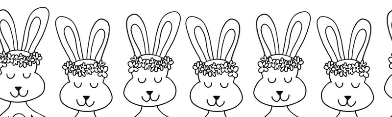 Bunnies seamless border outline. Repeating horizontal pattern with bunny heads. Cute rabbits black and white line art design for Easter cards, ribbon, fabric trim, kids fashion, banner, footer, tapes.
