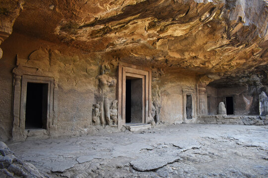 Elephanta Caves, Facade of Cave No. 4 rock cut,  at Elephanta Island or Gharapuri, Mumbai, Maharashtra, India