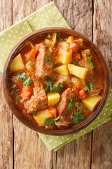 Spezzatino di manzo with potatoes, carrots and celery close-up in a bowl on the table. Vertical top view above