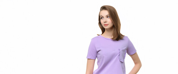 Portrait of young happy woman looking aside, wearing in casual t shirt. Place for your text