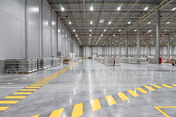 footpath in the warehouse. Wide shot of industrial hall empty and clean.