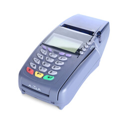 Payment terminal on white background