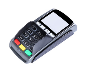 Payment terminal on white background
