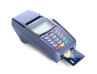 Payment terminal with credit card on white background