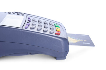 Payment terminal with credit card on white background, closeup