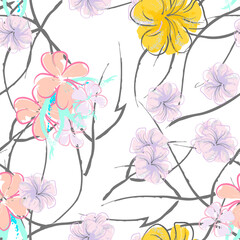 Pink Flowers Blooming Pattern. Pastel Watercolor.