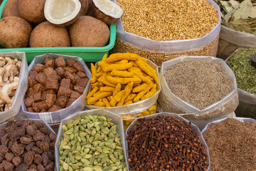 Different spices on sale in market, Pune, maharashtra, india.