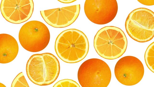 Flying many slices of oranges on a white background. fall and fill the frame. Fresh fruits, food concept. Animation of rotating sliced orange fruits. splash . Diet, health, fashion. Vitamin C