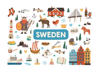 Fototapeta na wymiar Set of traditional symbols of Sweden and Stockholm isolated on white background. Bundle of Swedish animals, Scandinavian architecture, food, viking, fish and ship. Colored flat vector illustration