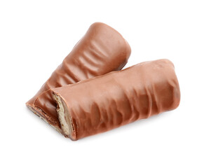 Cut chocolate bars on white background