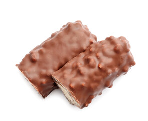 Cut chocolate bars on white background
