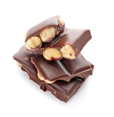 Sweet chocolate pieces on white background