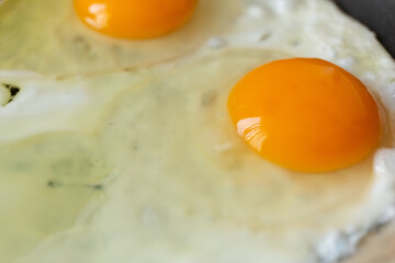 close-up of fried eggs in a pan